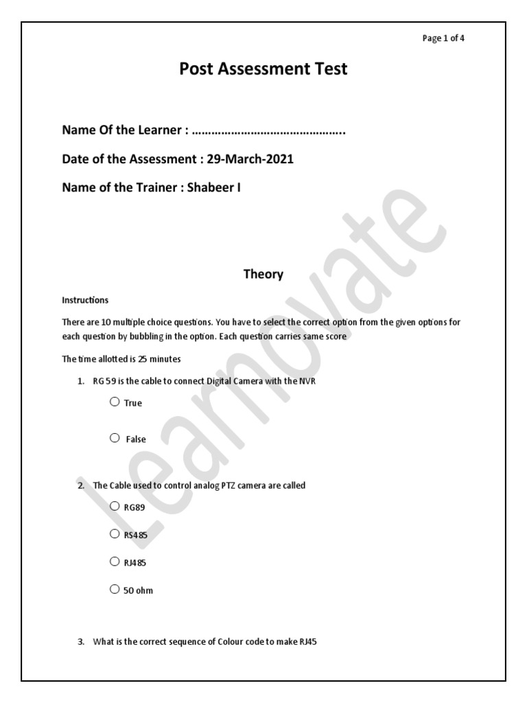 Post Assessment Test Review for Security Camera Installation Training