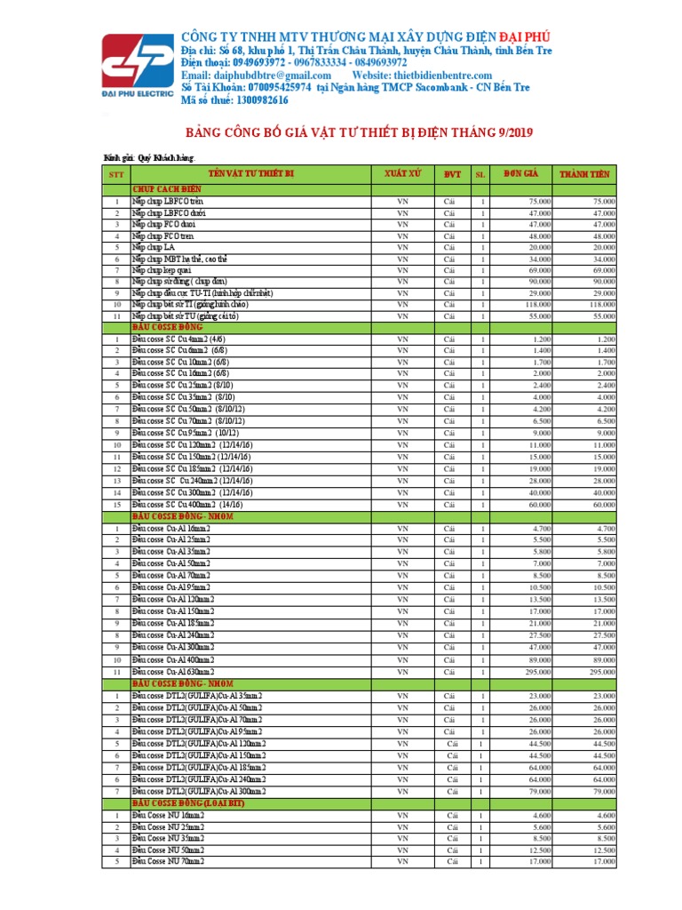 Bang Cong Bo Gia Thiet Bi Dien Dai Phu Thang 9 2019 | PDF