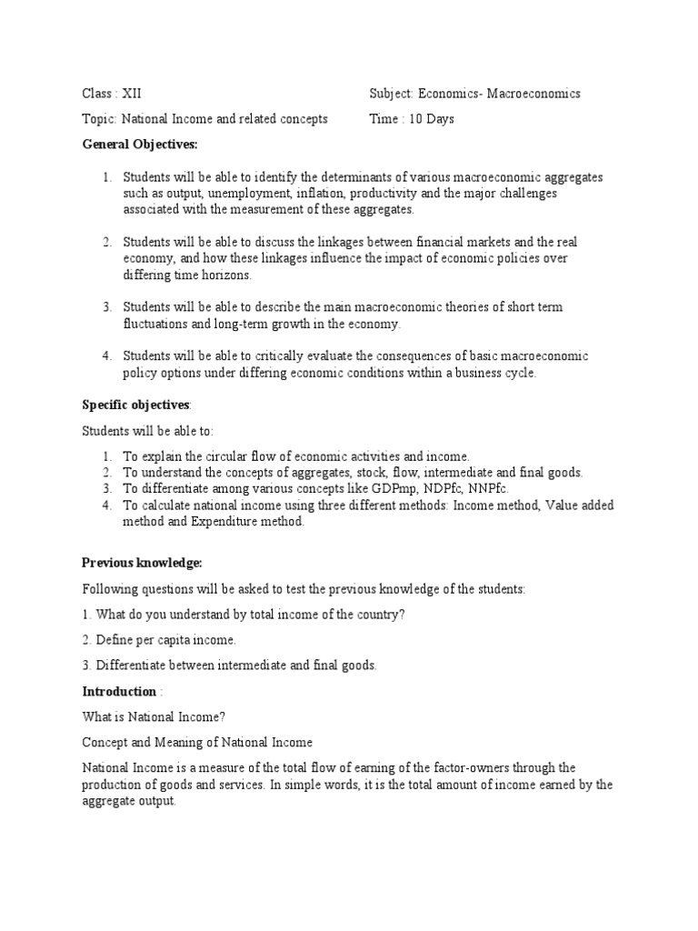 National Income Lesson Plan for Class 12 | PDF | Gross Domestic Product ...