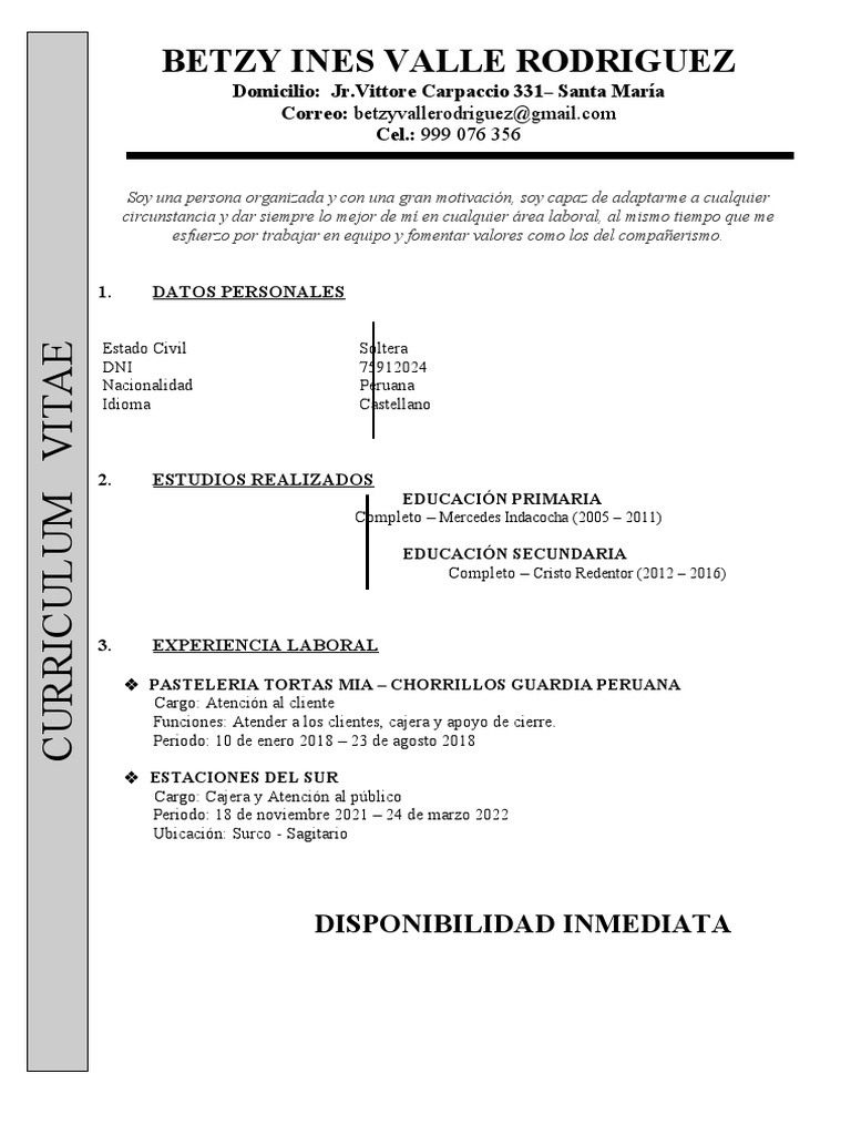 Currículum Vitae de Betzy Ines Valle | PDF