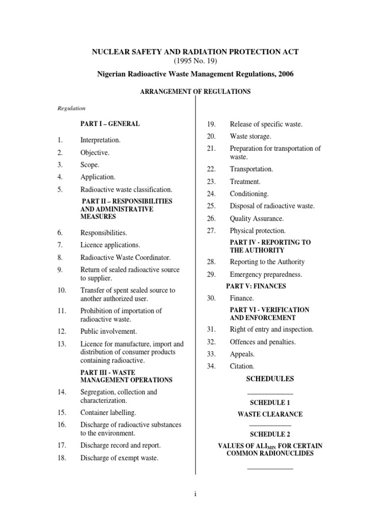Nigerian Radioactive Waste Management Regulations 2006 PDF Radioactive Waste Ionizing