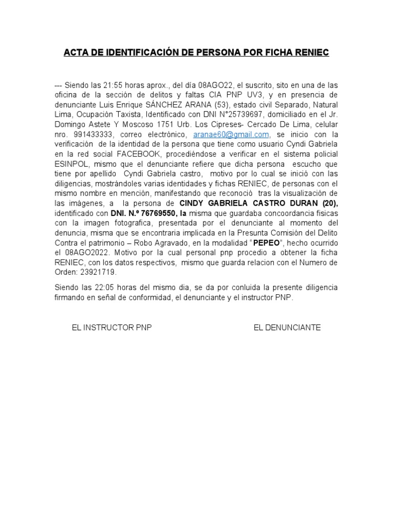 Acta de Identificación RENIEC | PDF | Ciencias sociales