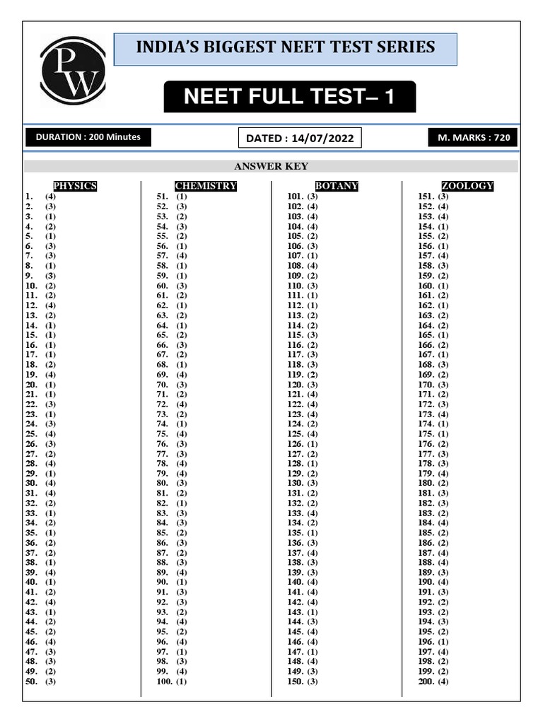Neet Full Test 01 Answer Key | PDF