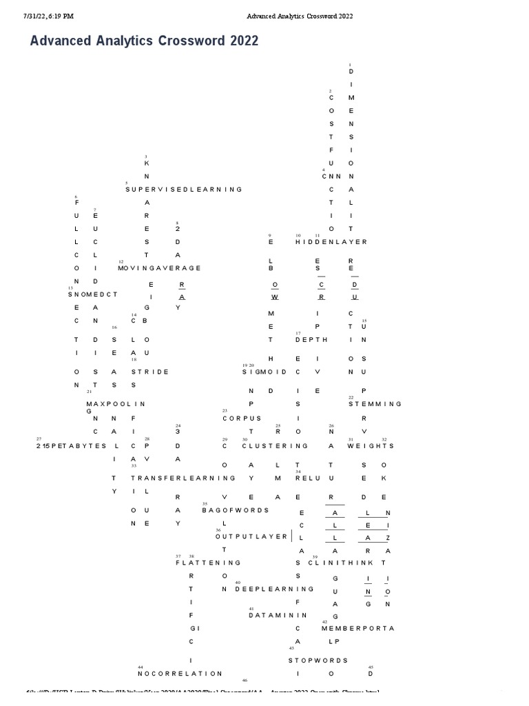 Advanced Analytics Crossword Ans 2022 PDF Machine Learning