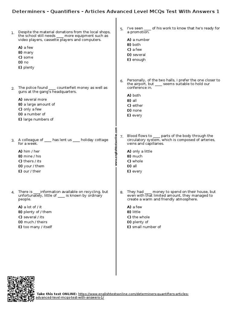 Advanced Quantifiers and Articles MCQs | PDF | Multiple Choice | Artery