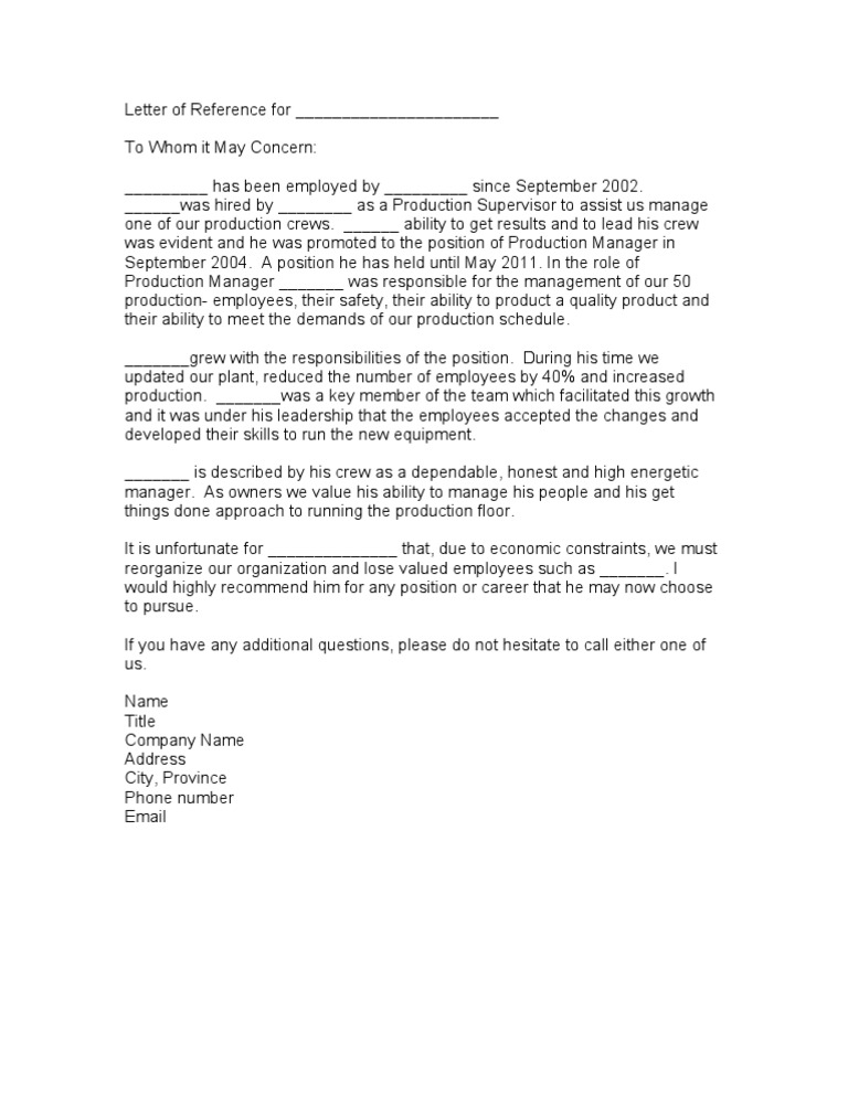 Letter of Reference Production Manager