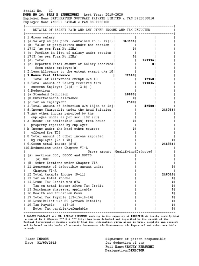 Form no 16 part b annexure asst year 2019 2020 pdf tax