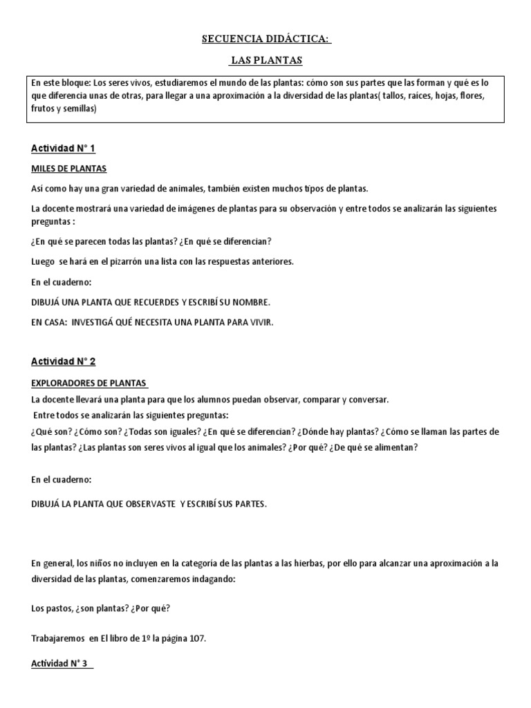 Secuencia Didáctica: Las Plantas 1° Grado | PDF | Plantas | Hoja