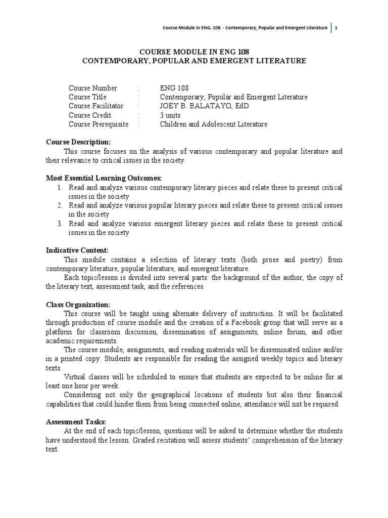 Course Module in Eng 108 Contemporary, Popular and Emergent Literature ...