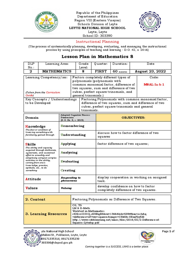 Filipino 8 Lesson Plan (M8AL-Ia-b-1) | PDF | Factorization | Learning