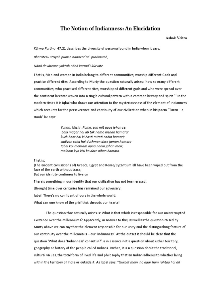 The Notion of Indianness: An Elucidation: Ashok Vohra | PDF ...