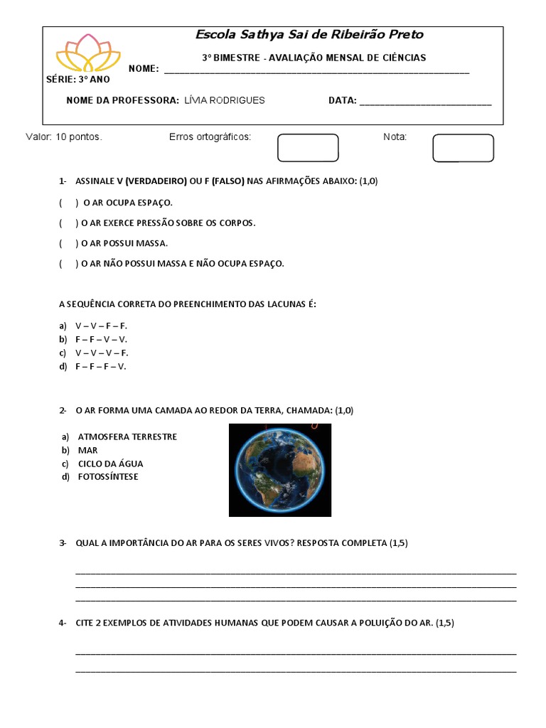 Prova de Ciências - 3 Ano | PDF | Terra | Geociências