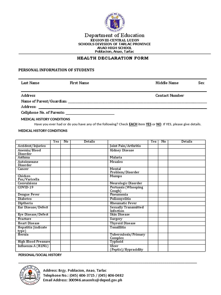 HEALTH-DECLARATION-FORM | PDF | Epidemiology | Diseases And Disorders