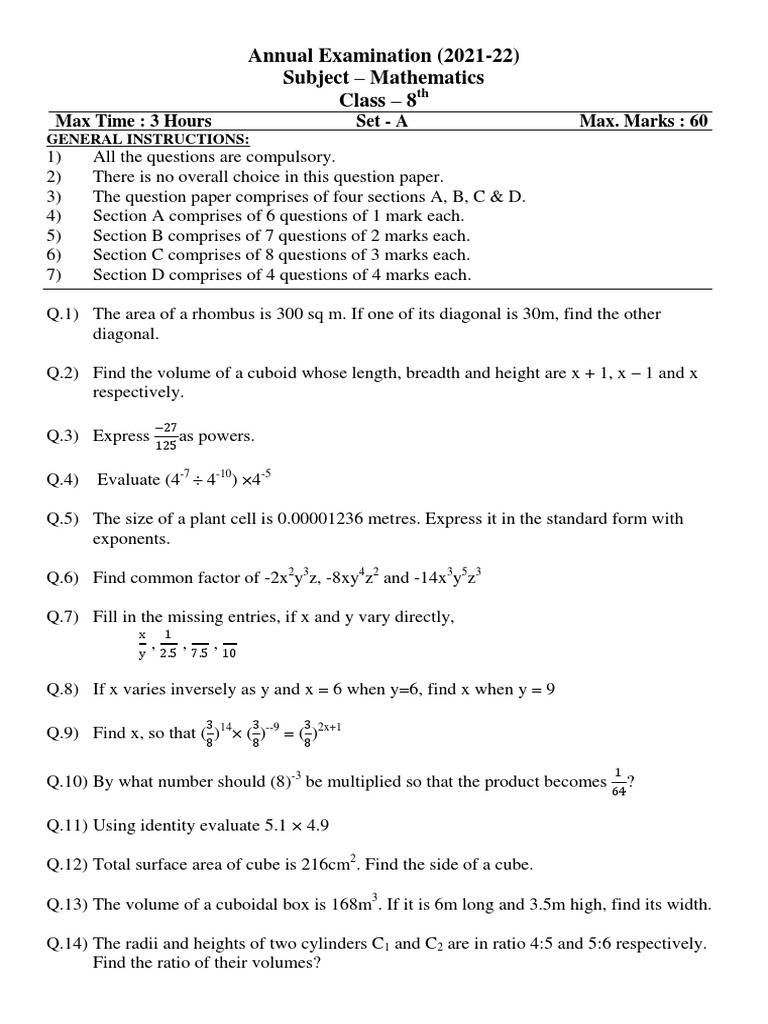 Class8 Mathematics (Annual Exam) 202122 SETA PDF Volume Metrology