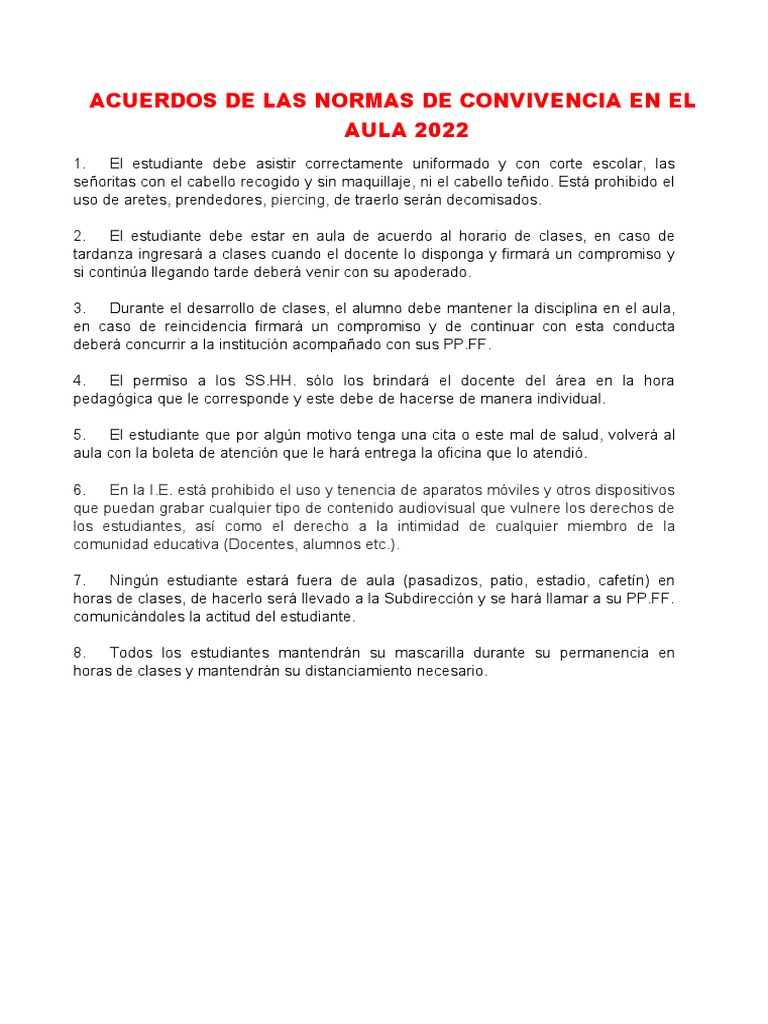 Normas de Convivencia Escolar 2022 | PDF