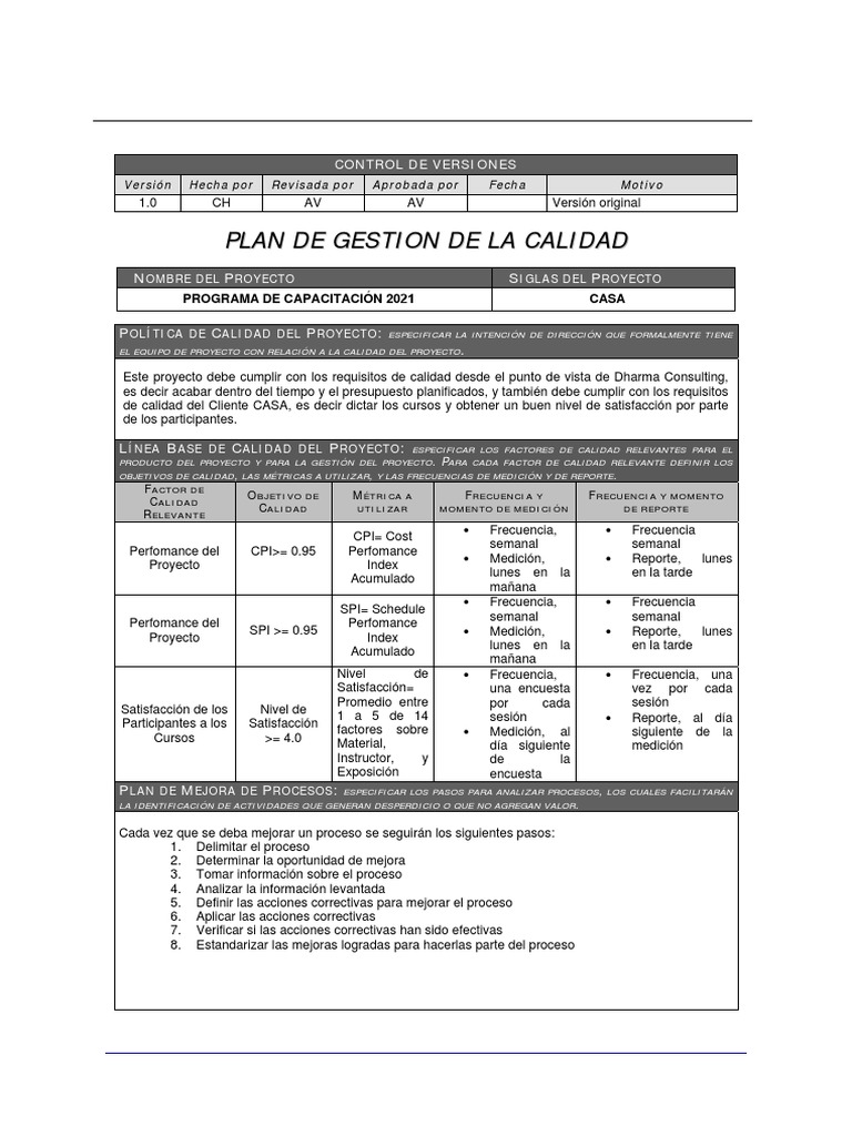 Plan de Gestion de La Calidad | PDF | Gestión de proyectos | Gestión de ...
