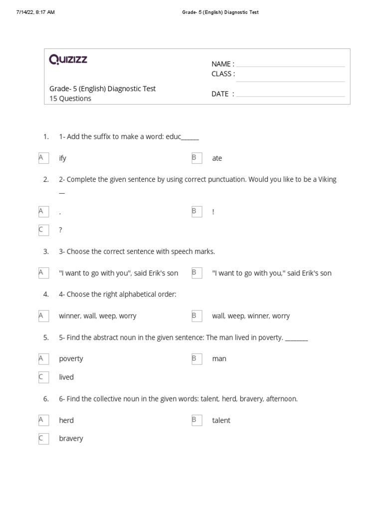 Grade 5 (English) Diagnostic Test PDF English Language