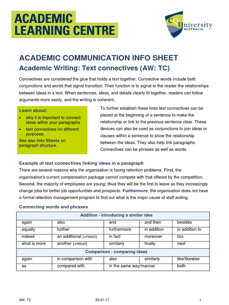 Academic Writing Text ConnectivesAW TC Download Free PDF Employee