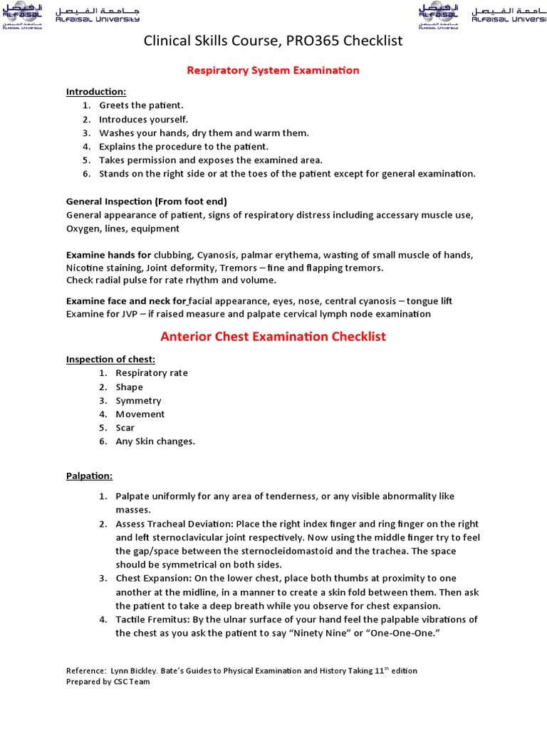 Complete Respiratory Examination Checklist 365 PDF Hand Thorax