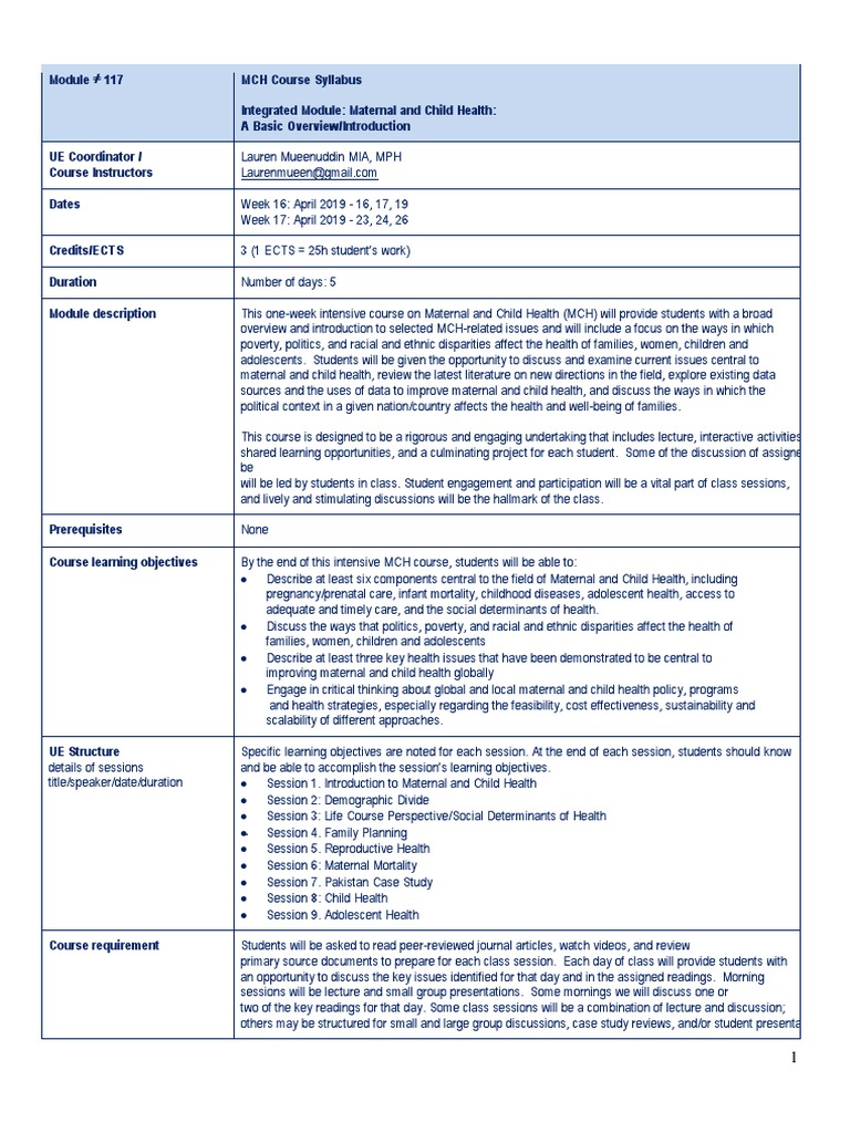 Syllabus - MCH Course 2019 FINAL 1 1 | PDF | Maternal Death | Maternal ...