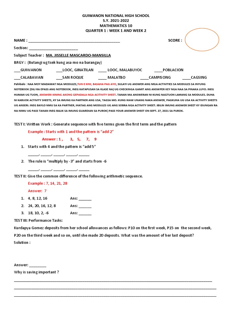 Math 10 Activity Sheet for Week 1-2 | PDF | Mathematics