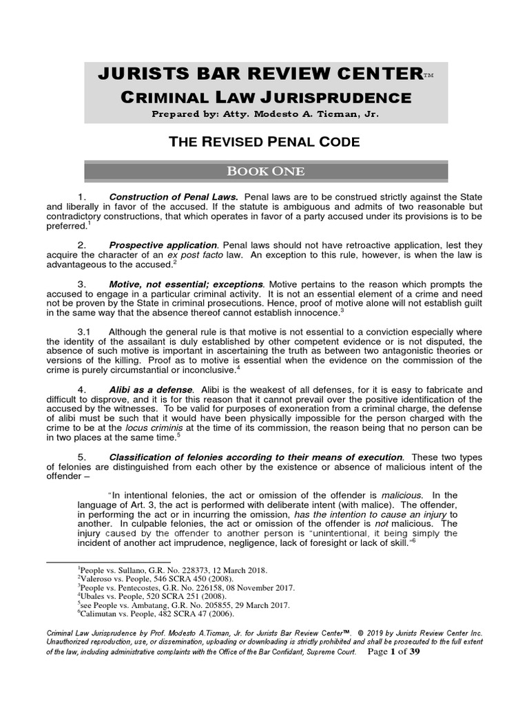 Criminal Law Jurisprudence 2019 by Prof. Modesto Ticman, Jr. PDF