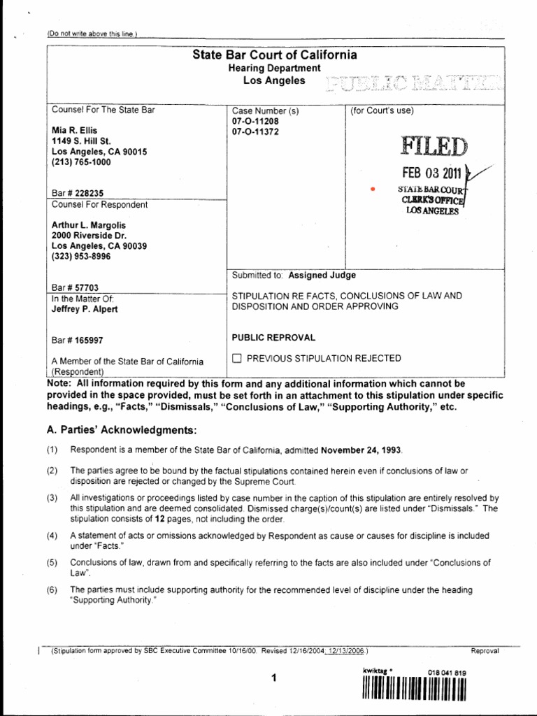 Alpert, Jeffrey Paul 165997 California Attorney State Bar Discipline