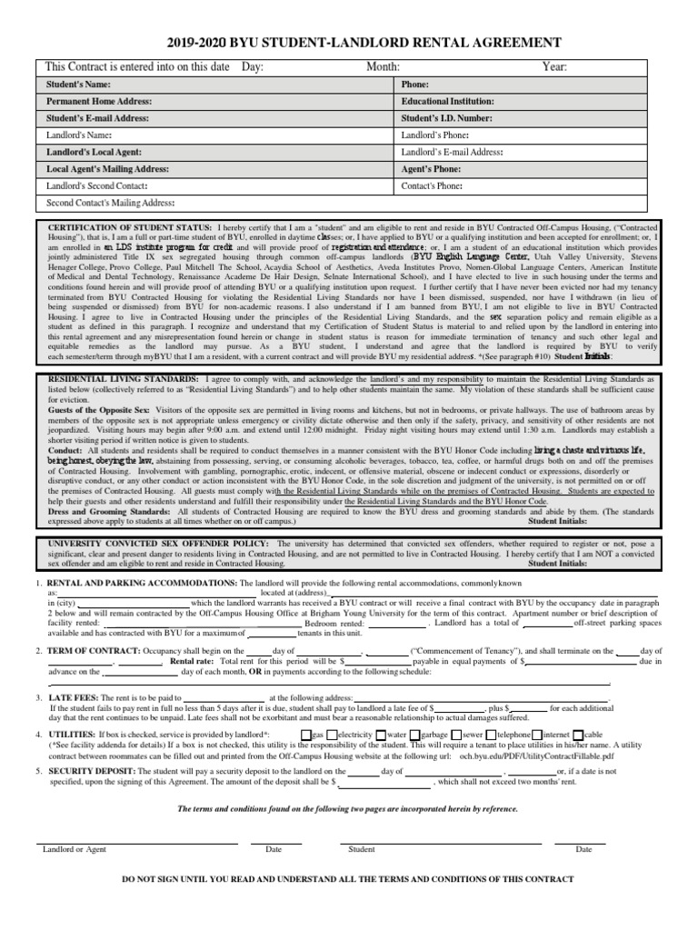 201 92020 Byu StudentLandlord Rental Agreement This Contract Is