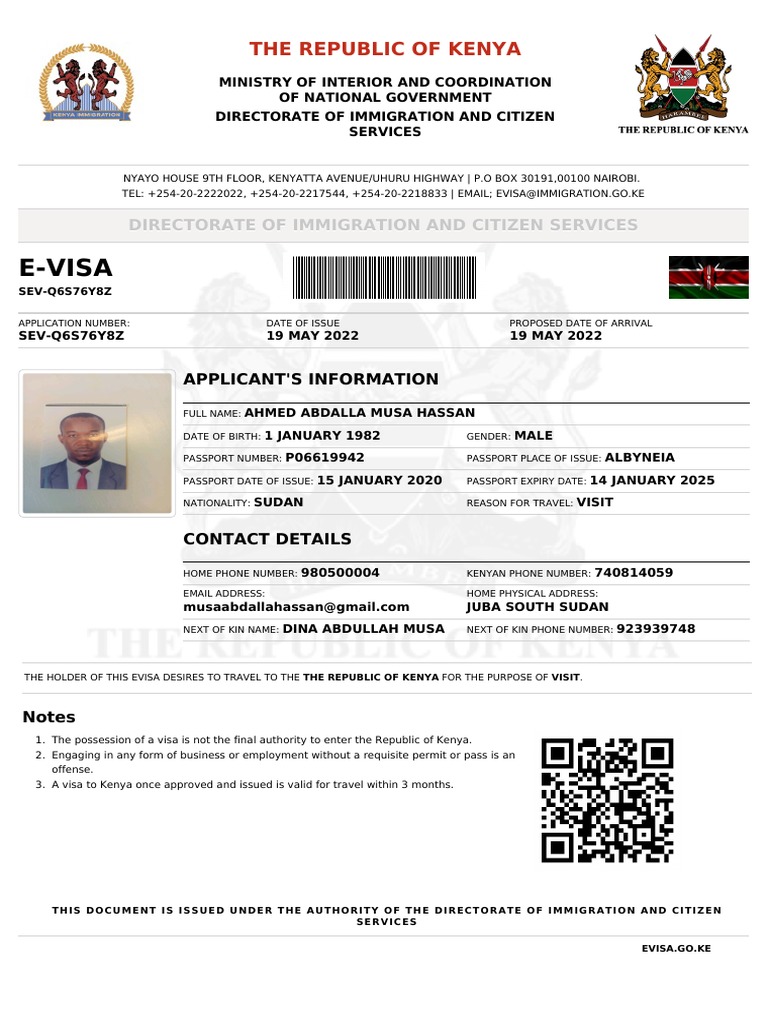 Kenyan EVisa Approval Document for Ahmed Abdalla Musa Hassan to Visit