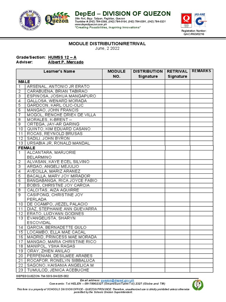 Deped Division of Quezon Module Distribution/Retrival PDF