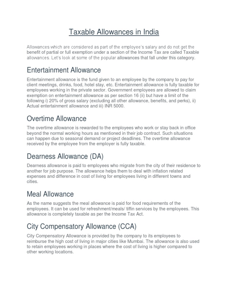 Taxable Allowances in India Entertainment Allowance PDF Cost Of Living Expense