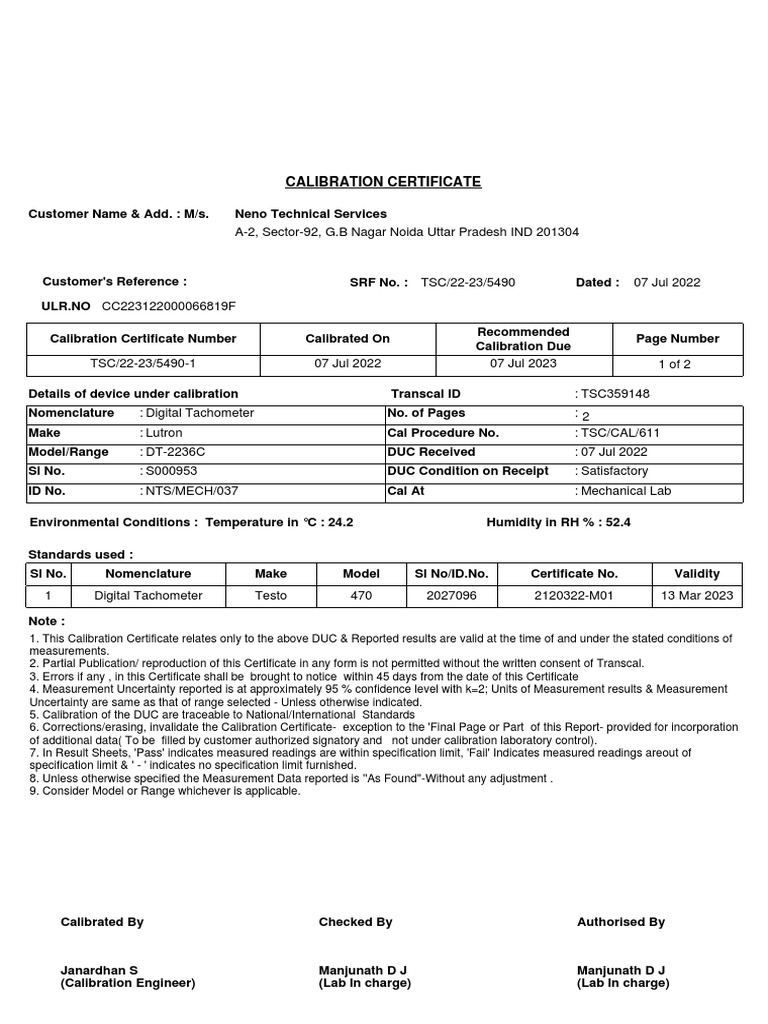 Digital Tachometer Calibration Certificate | PDF | Calibration ...