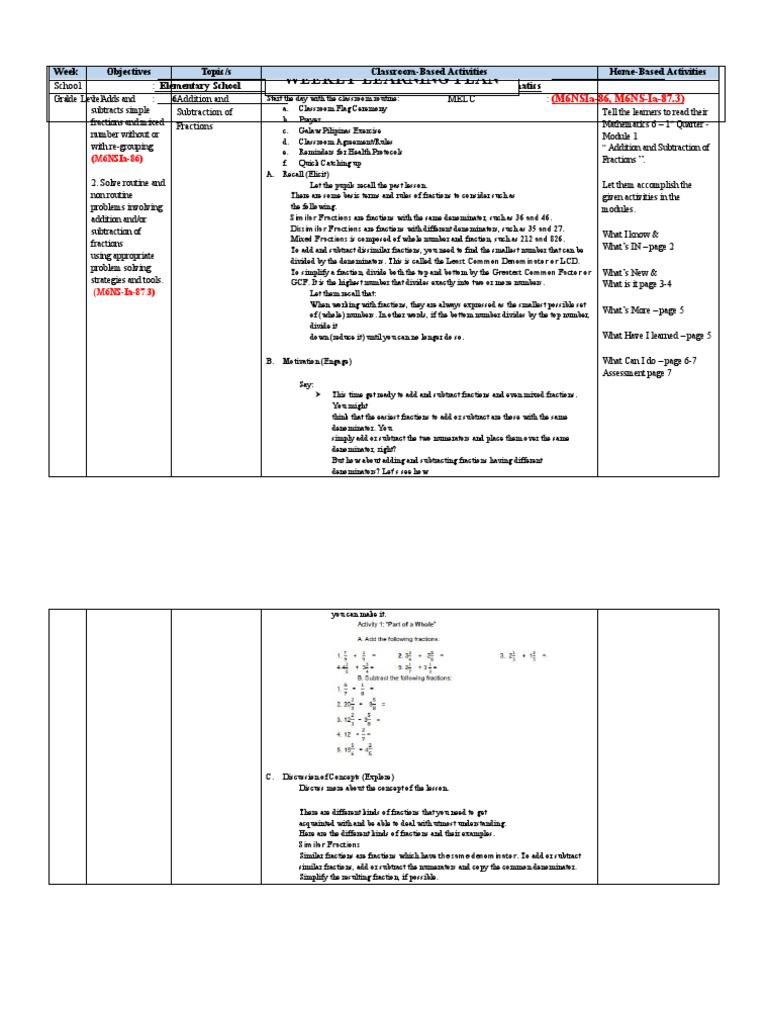 Weekly Math Plan: Fractions for Grade 6 | PDF | Mathematics | Cognitive ...