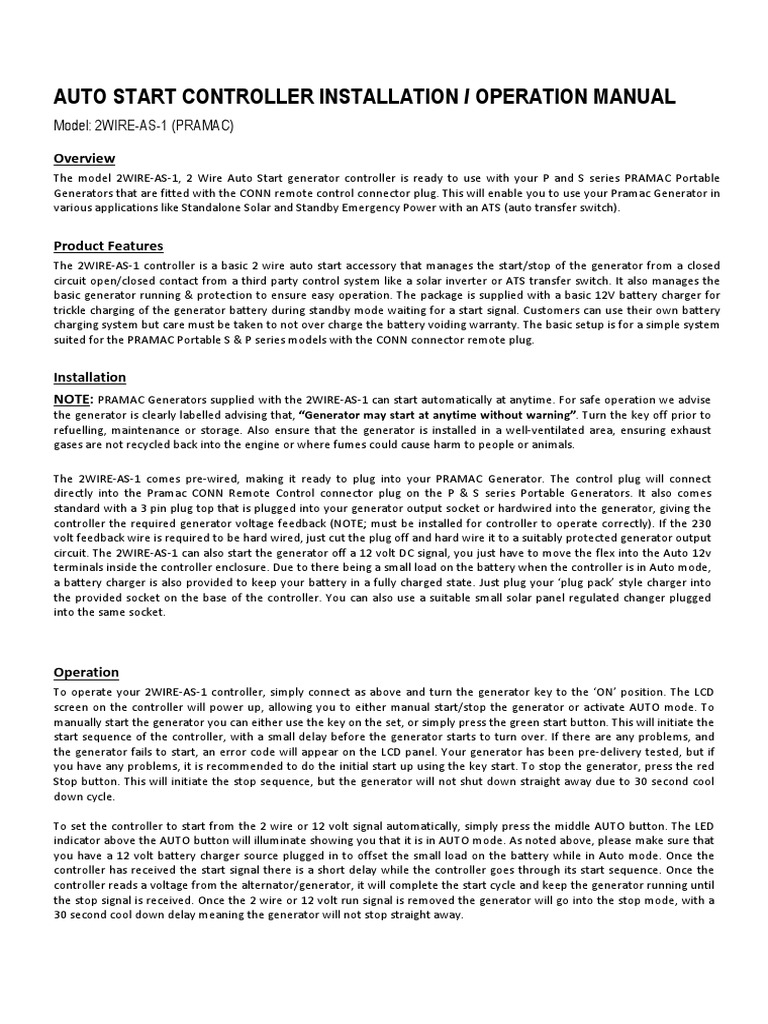 2 Wire Auto Start Controller Manual | PDF | Ac Power Plugs And Sockets ...