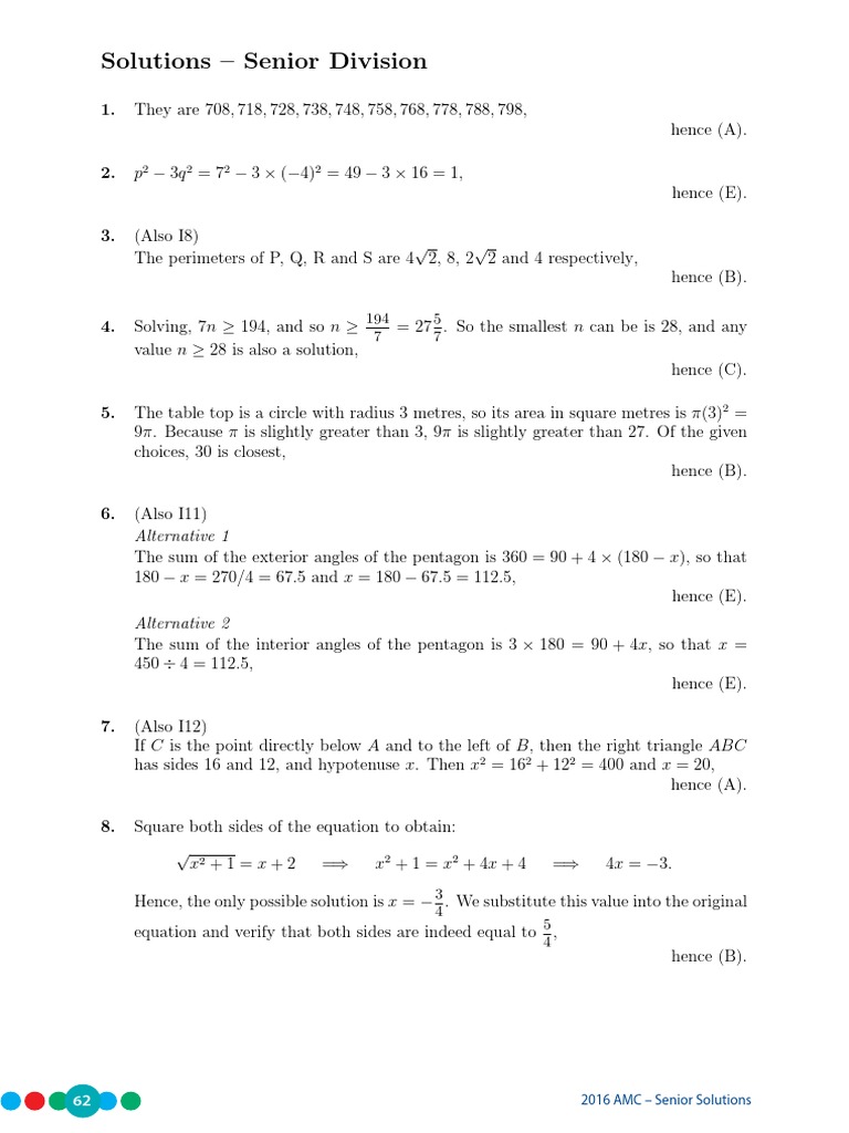 2016 AMC Senior Solutions Guide | PDF | Elementary Mathematics | Geometry