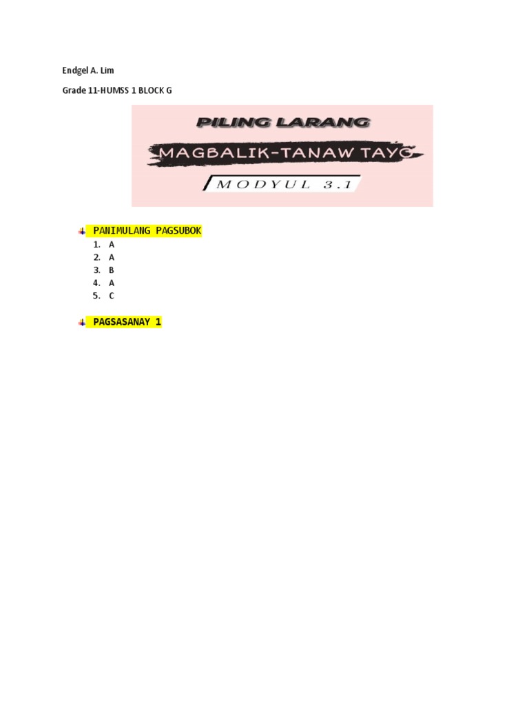 Panimulang Pagsubok: Endgel A. Lim Grade 11-HUMSS 1 BLOCK G | PDF