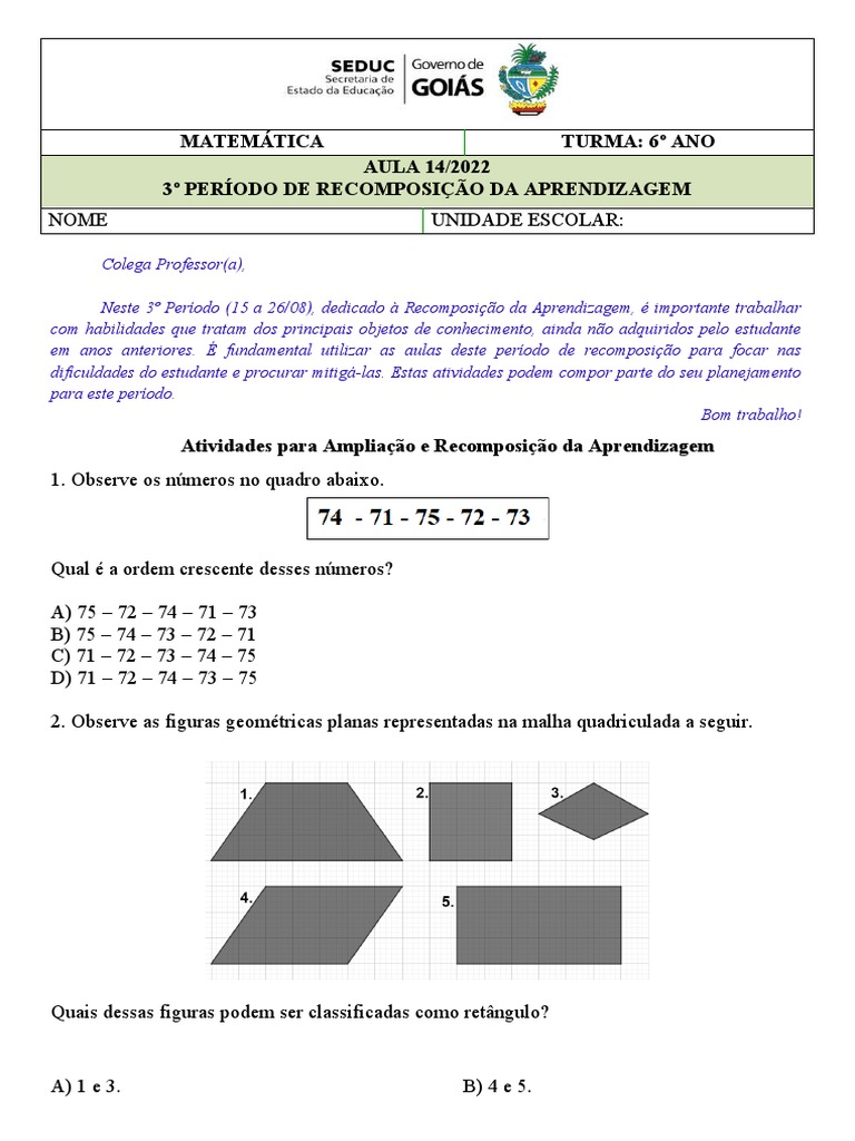 Aula 14 - Recomposição 6° Ano MAT | PDF