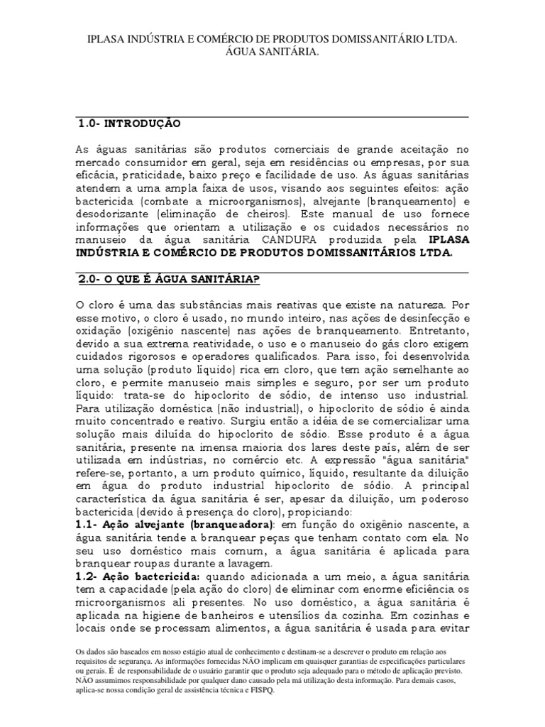 Composição da Água Sanitária Candura | PDF | Cloro | Água