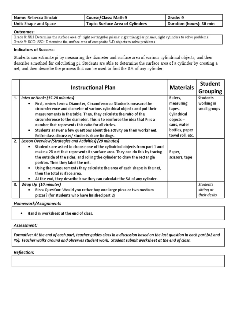 Lesson Plan - Calculating Pi, Area of Cylinders | PDF | Area | Pi