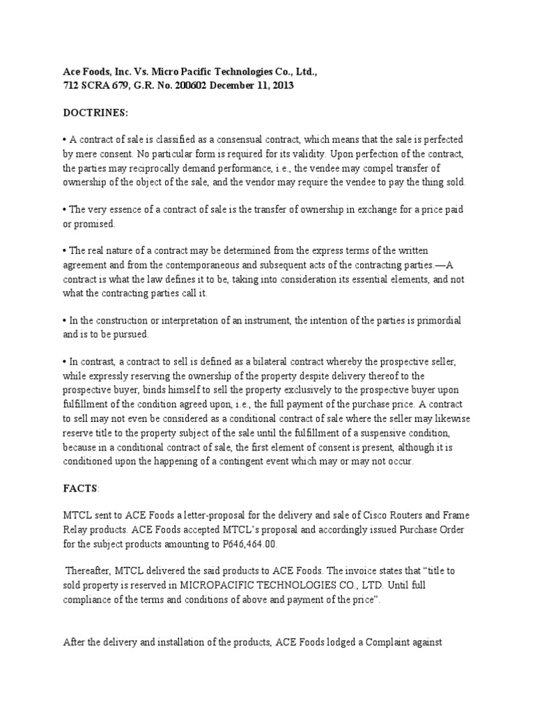 Ace Foods, Inc. v. Micro Pacific Case Summary | PDF | Law Of ...