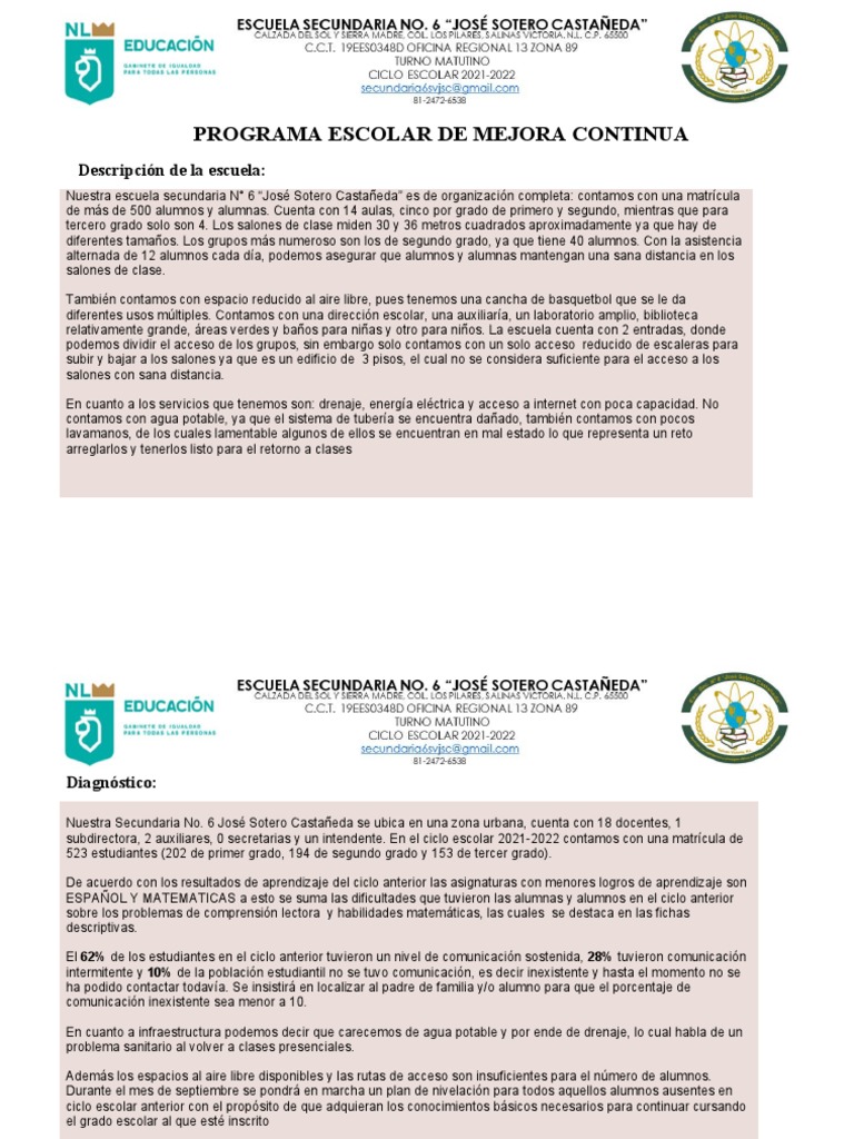 Programa de Mejora Continua Escolar | PDF | Método de enseñanza | Maestros