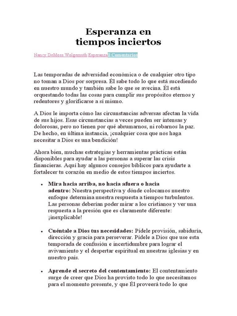 Esperanza y fe en tiempos difíciles | PDF | Dios | Cristo (título)