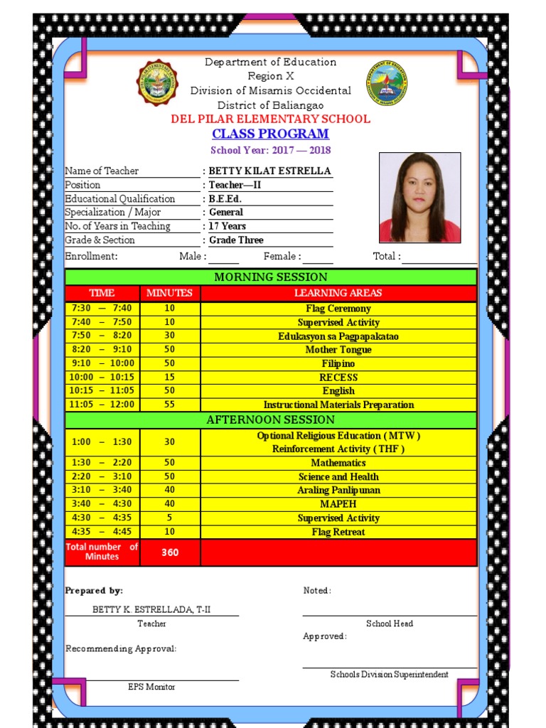 Class program del pilar elementary school pdf teachers