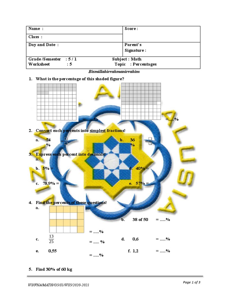 Worksheet 3 - Percentages | PDF | Percentage
