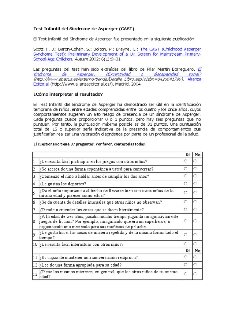 Test Infantil Del Síndrome de Asperger CAST PDF Síndrome de Asperger