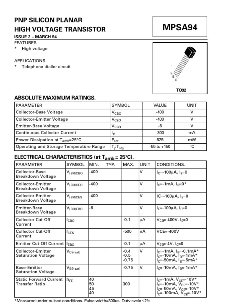 MPSA94 PNP Silicon Planar High Voltage Transistor PDF Bipolar Junction Transistor