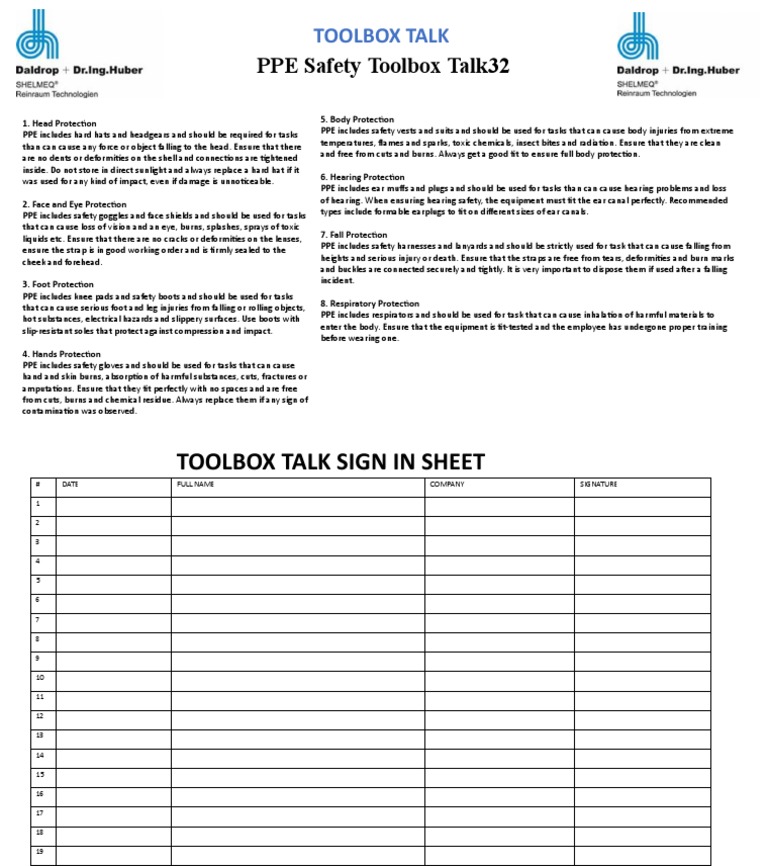 Toolbox Talk 32 PDF Personal Protective Equipment Workplace