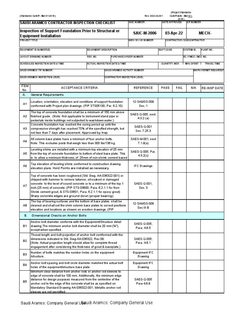 Contractor Inspection Checklist 2022 | PDF | Screw | Concrete