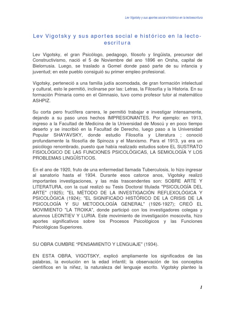 Lev Visgostky y Sus Aportes Social e Histórico en La Lectoescritura | PDF Escritura | Sicología
