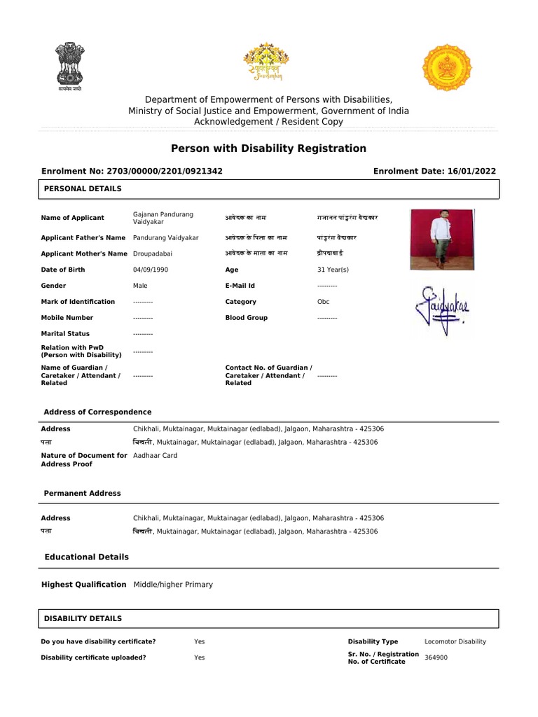 Person With Disability Registration | PDF | Disability | Identity Document